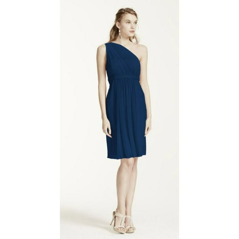 Davids Bridal One Shoulder Short Dress, 8 Illusion Neck Bridesmaid F15607 Marine